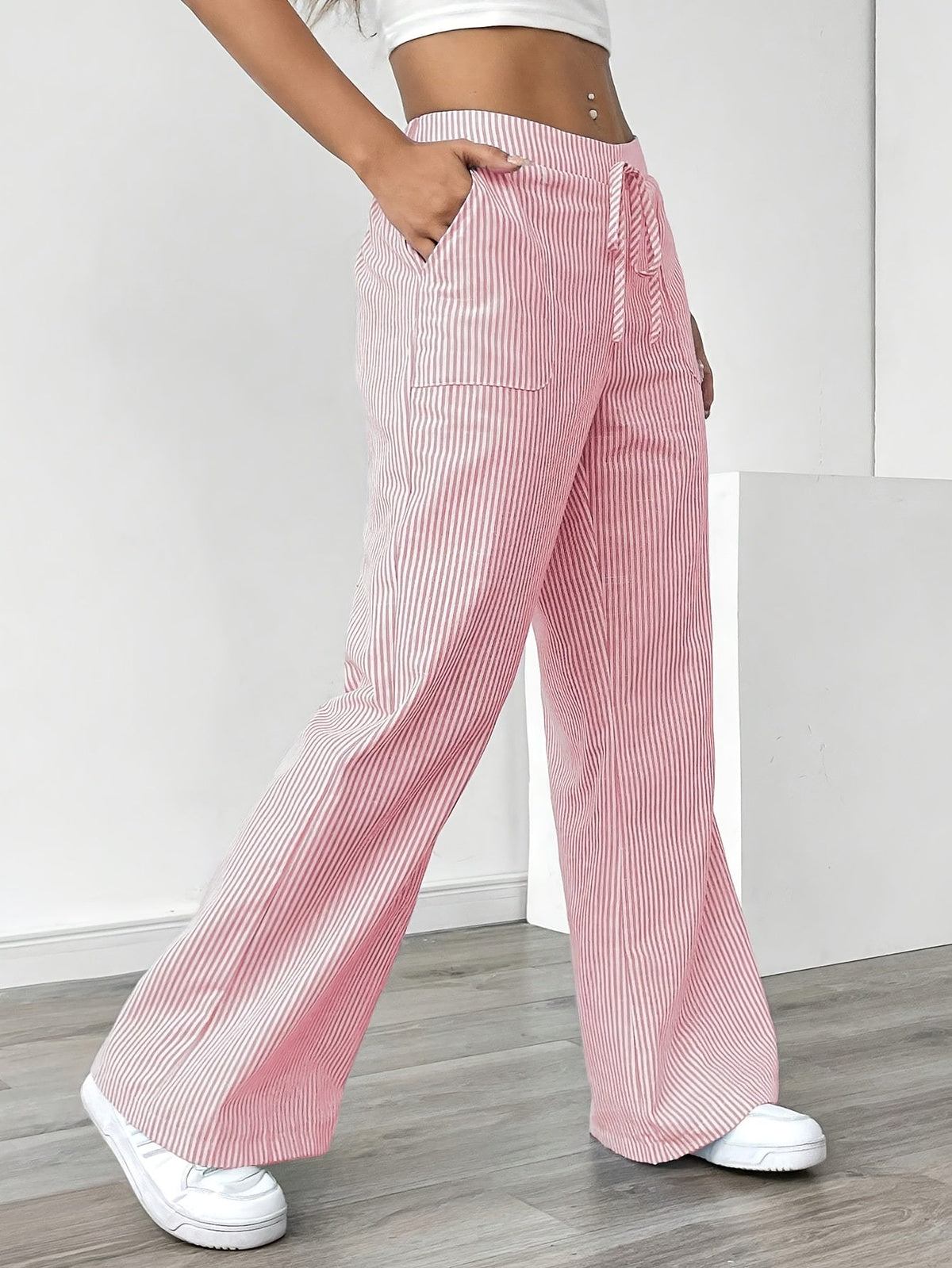 Pantalon Jambe Large à Poches Latérales, Imprimé Rayé Décontracté Taille Cordon, Printemps &amp; Été, Vêtements pour Femmes