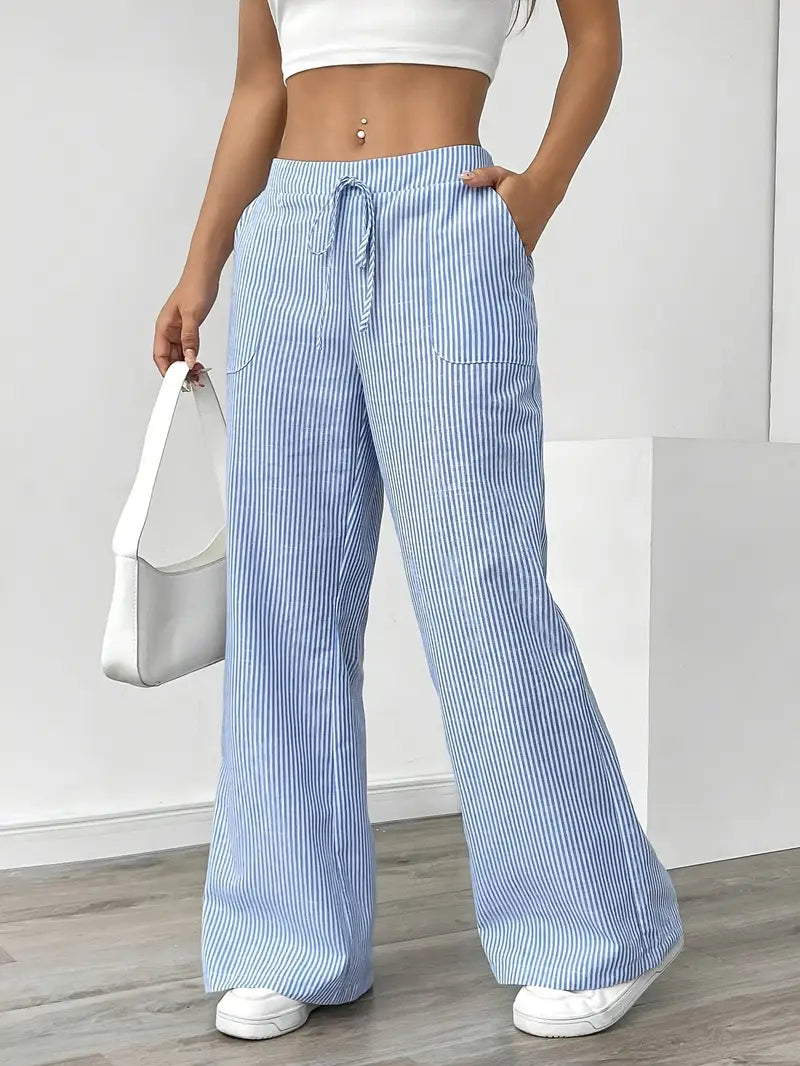 Pantalon large décontracté à rayures pour femme, élégant et décontracté – Pantalon d'été léger et respirant avec poches