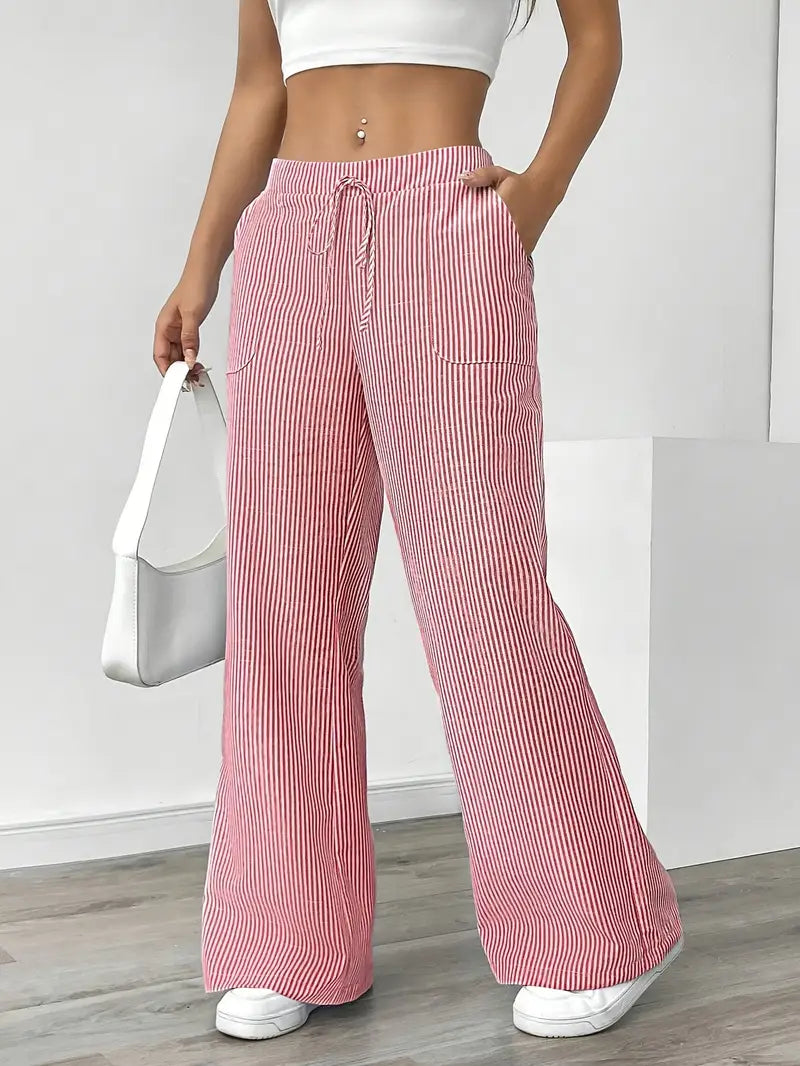 Pantalon large décontracté à rayures pour femme, élégant et décontracté – Pantalon d'été léger et respirant avec poches