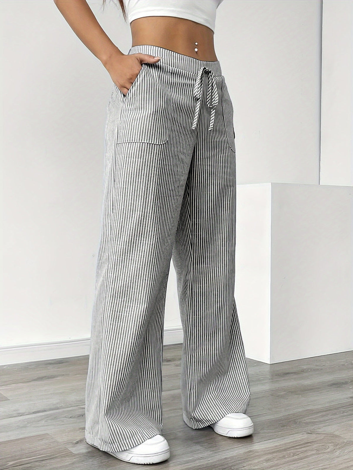 Pantalon Jambe Large à Poches Latérales, Imprimé Rayé Décontracté Taille Cordon, Printemps &amp; Été, Vêtements pour Femmes