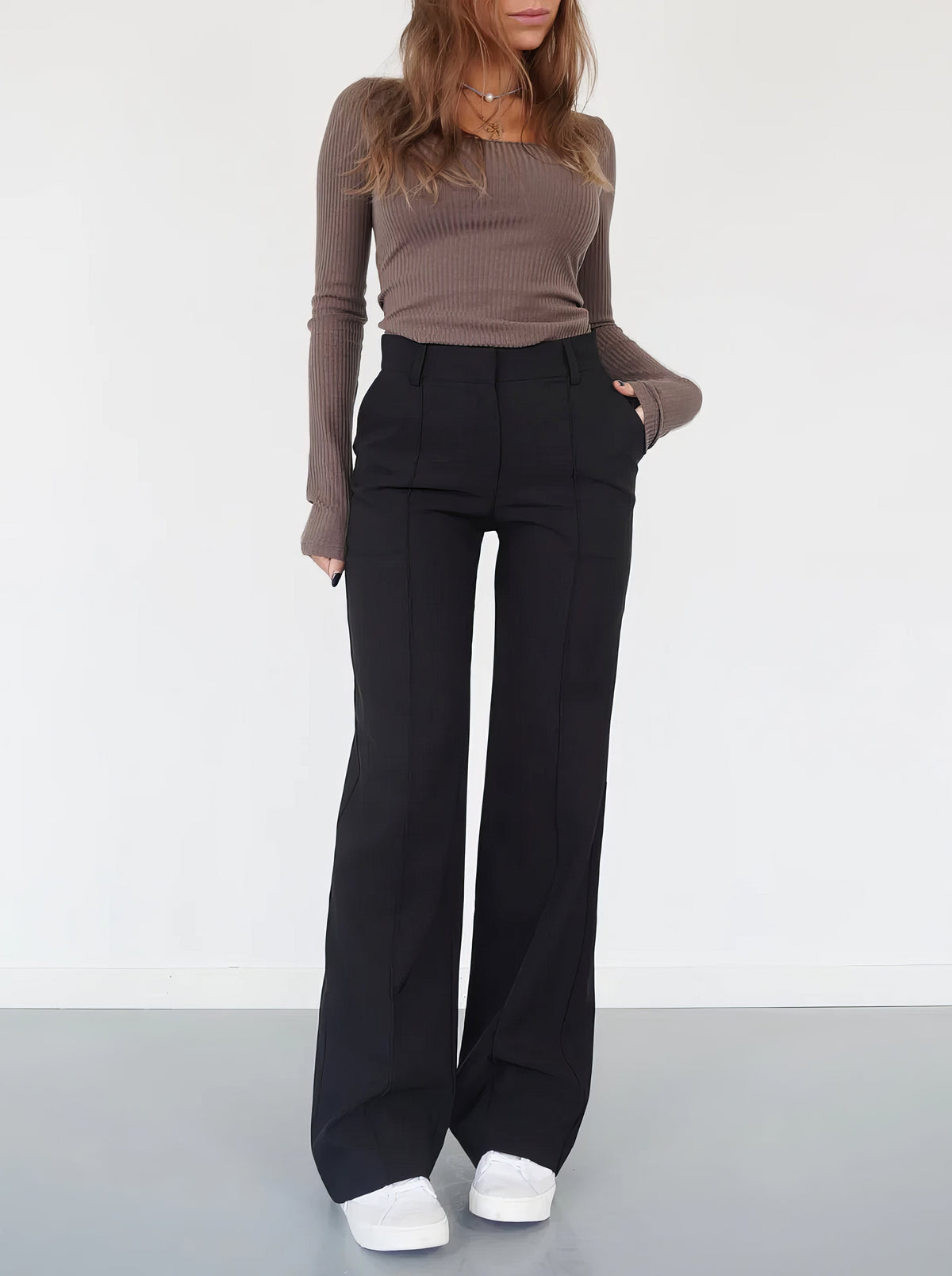 Pantalon Taille Haute à Jambes Droites