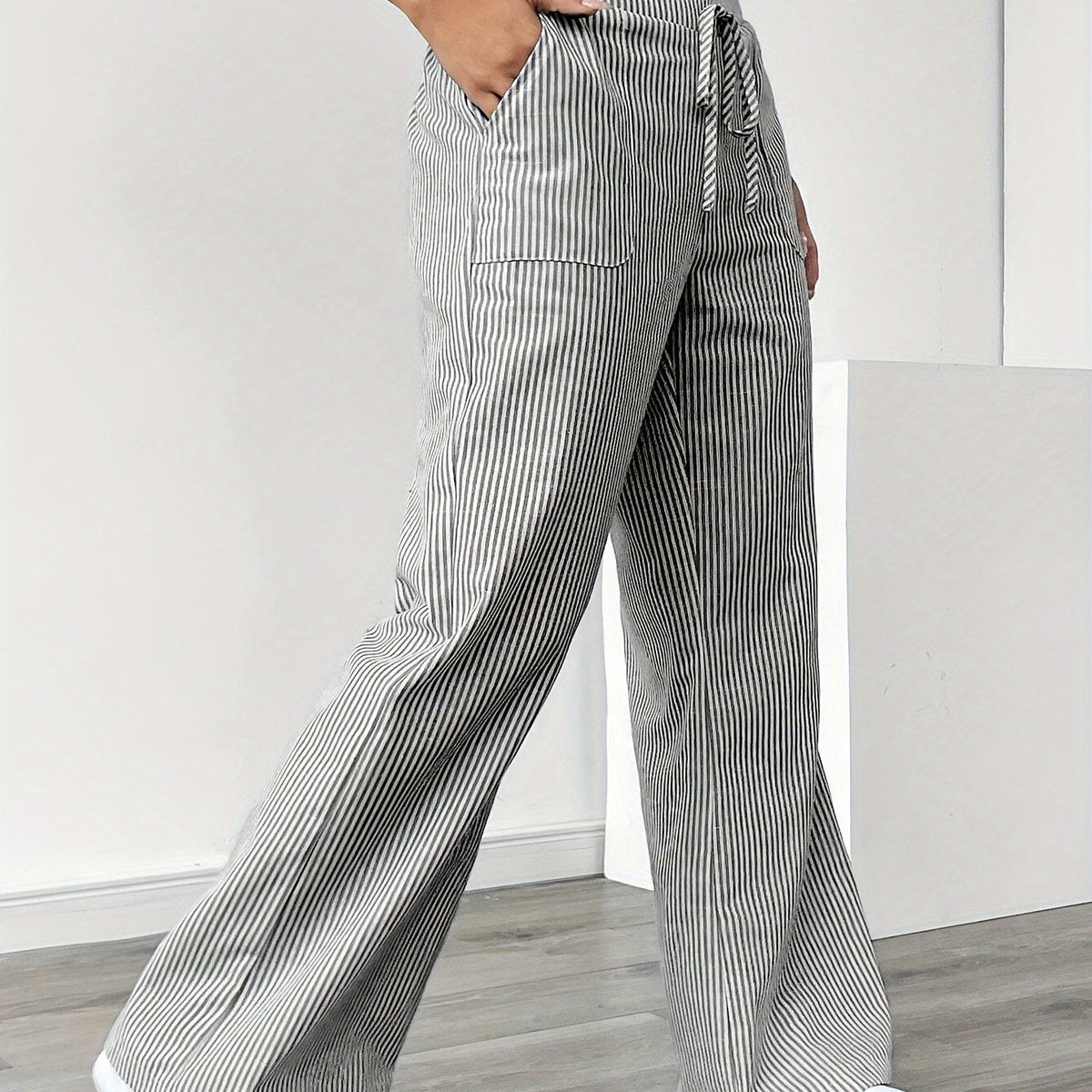 Pantalon Jambe Large à Poches Latérales, Imprimé Rayé Décontracté Taille Cordon, Printemps &amp; Été, Vêtements pour Femmes