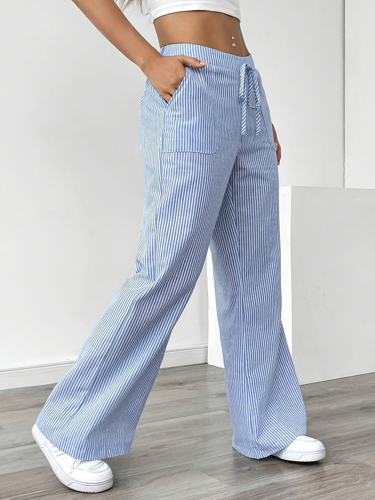 Pantalon Jambe Large à Poches Latérales, Imprimé Rayé Décontracté Taille Cordon, Printemps &amp; Été, Vêtements pour Femmes
