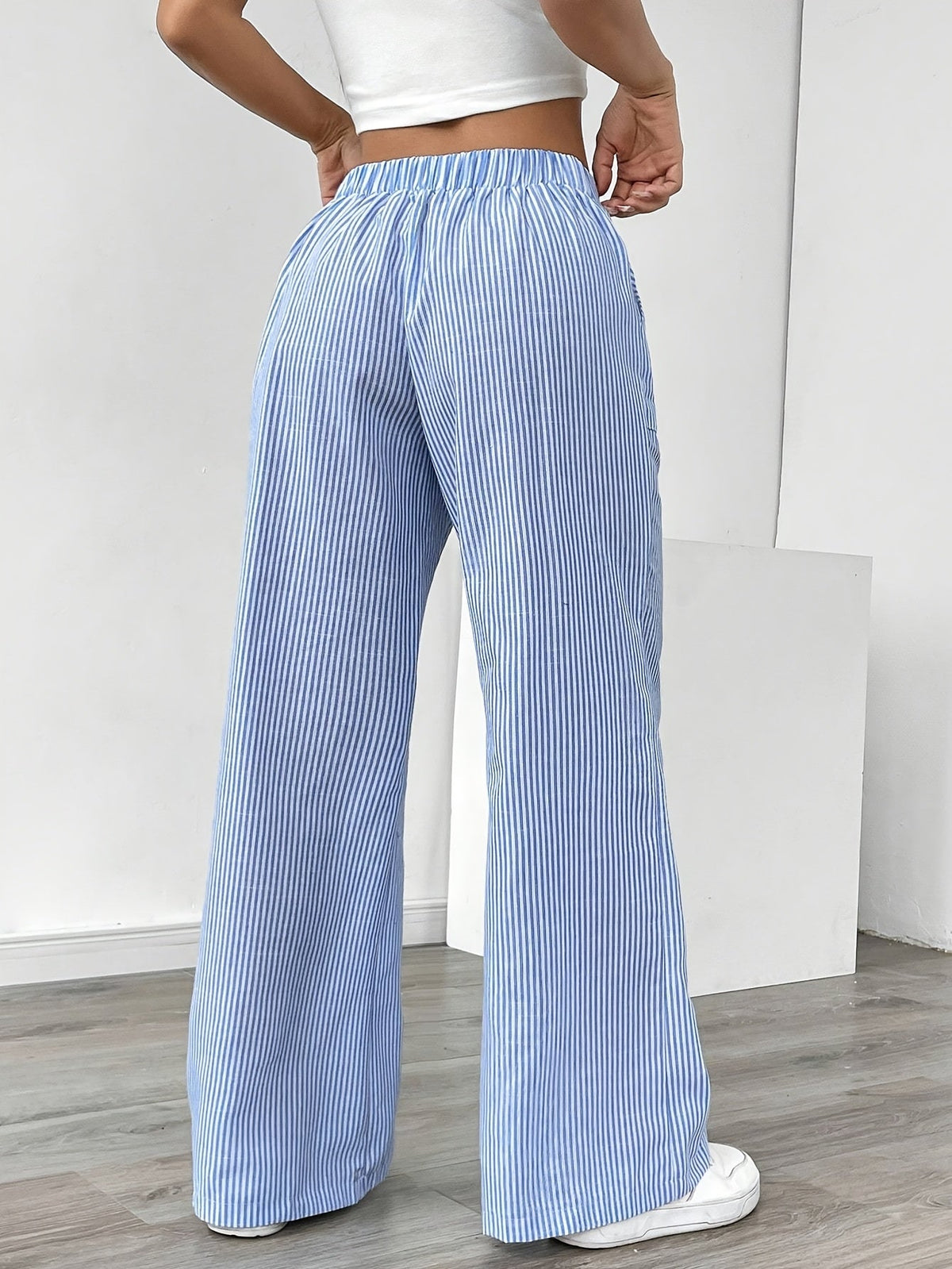 Pantalon Jambe Large à Poches Latérales, Imprimé Rayé Décontracté Taille Cordon, Printemps &amp; Été, Vêtements pour Femmes