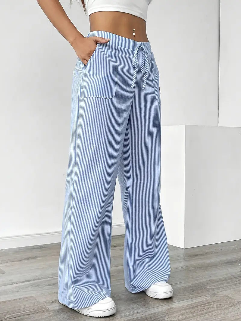 Pantalon large décontracté à rayures pour femme, élégant et décontracté – Pantalon d'été léger et respirant avec poches