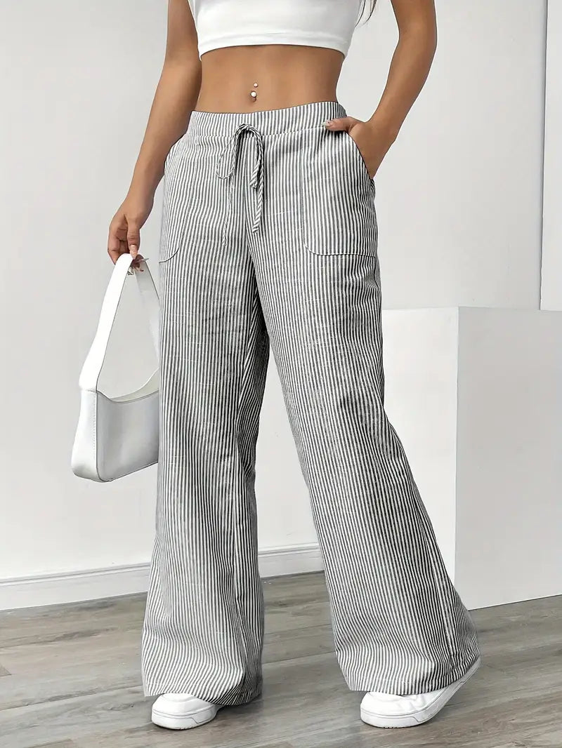Pantalon large décontracté à rayures pour femme, élégant et décontracté – Pantalon d'été léger et respirant avec poches