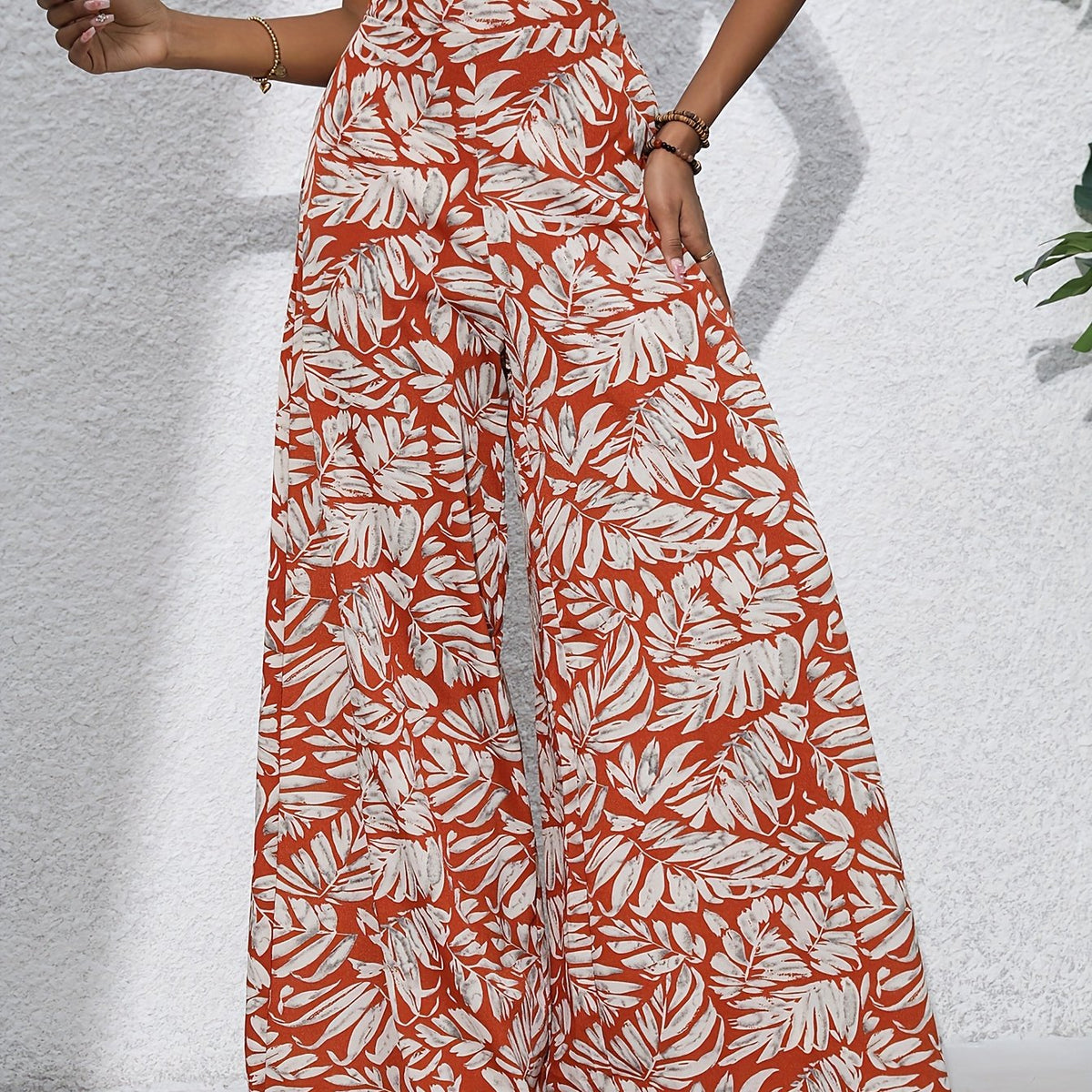 Pantalon large en coton imprimé floral bohème pour femmes - Taille haute, ceinture élastique, pantalon long de plage pour vacances d'été, style décontracté élégant
