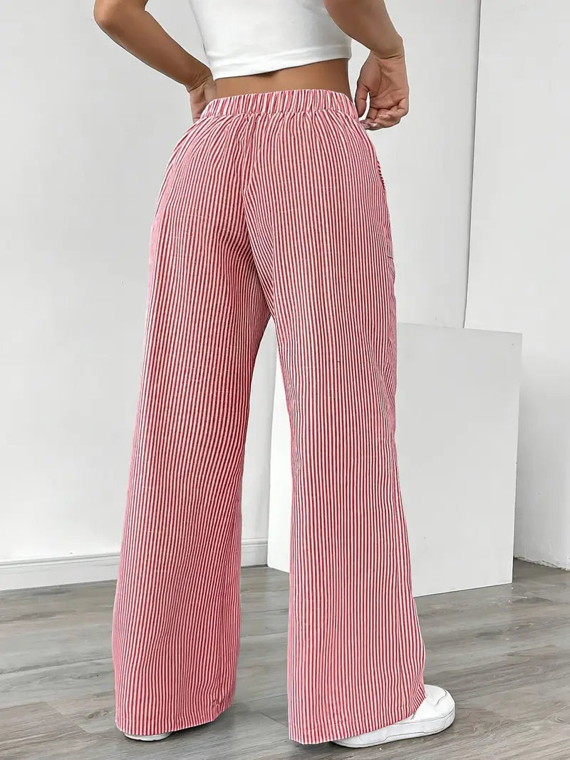 Pantalon large décontracté à rayures pour femme, élégant et décontracté – Pantalon d'été léger et respirant avec poches