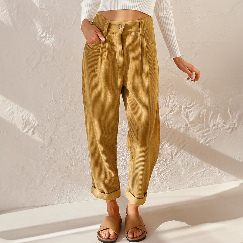 Pantalon Côtelé Taille Haute pour Femme – Pantalon Décontracté et Confortable