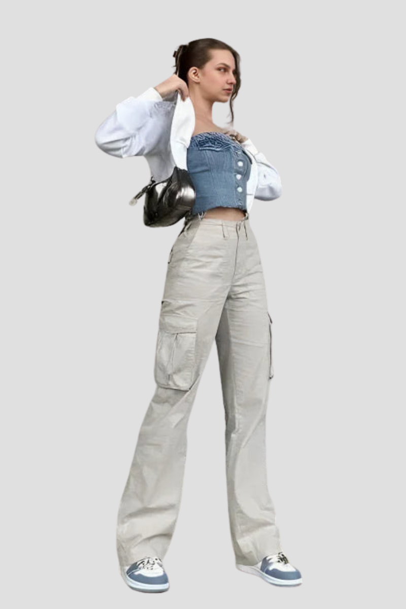 Pantalon cargo femme premium tendance stylé à jambes larges ajustables – Pantalon utilitaire taille haute coupe confortable