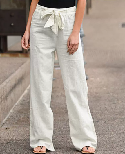 Pantalon femme en lin jambe large avec cordon - Souple et leger