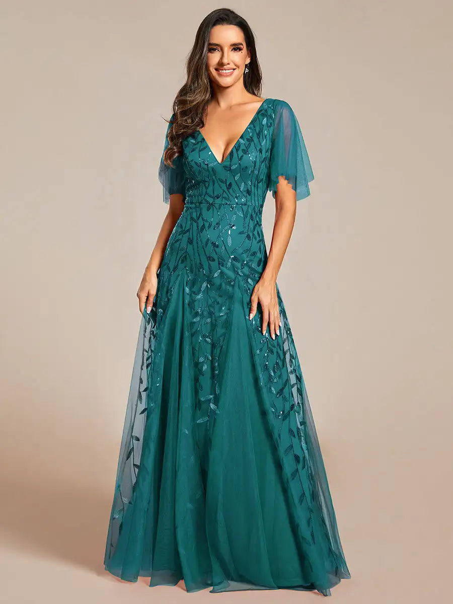 Tessa | Robe de Soirée avec Manches Volantes en Sequins