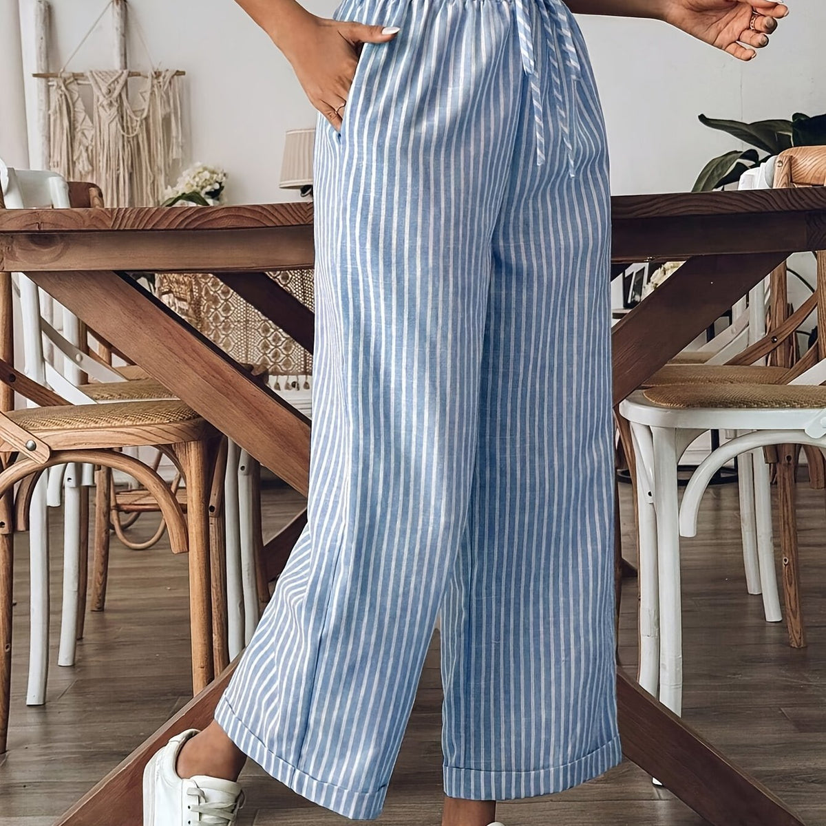 Pantalon large en lin raye femme - Fluide et decontracte