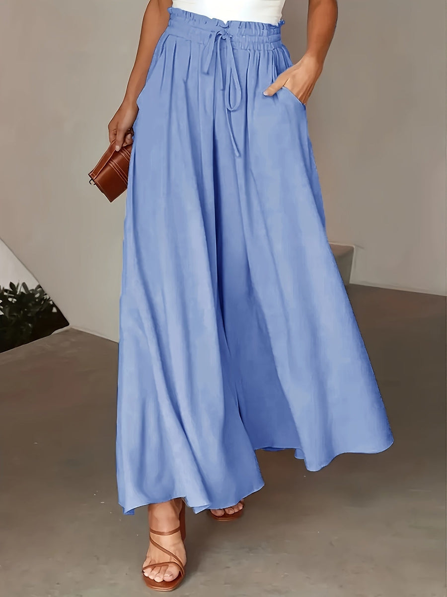 Pantalon Femme Jambe Large - Couleur Unie Élégante, Tissu Polyester Lisse Tissé - Décontracté Chic Toutes Saisons | Taille Micro-Élastique | Coupe Longue et Ample