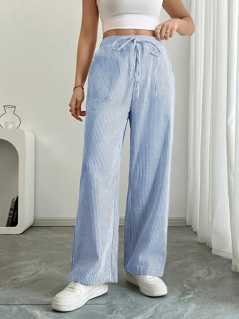 Pantalon large décontracté à rayures pour femme, élégant et décontracté – Pantalon d'été léger et respirant avec poches