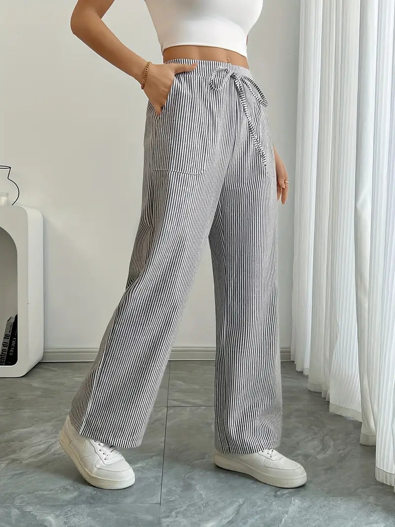 Pantalon large décontracté à rayures pour femme, élégant et décontracté – Pantalon d'été léger et respirant avec poches