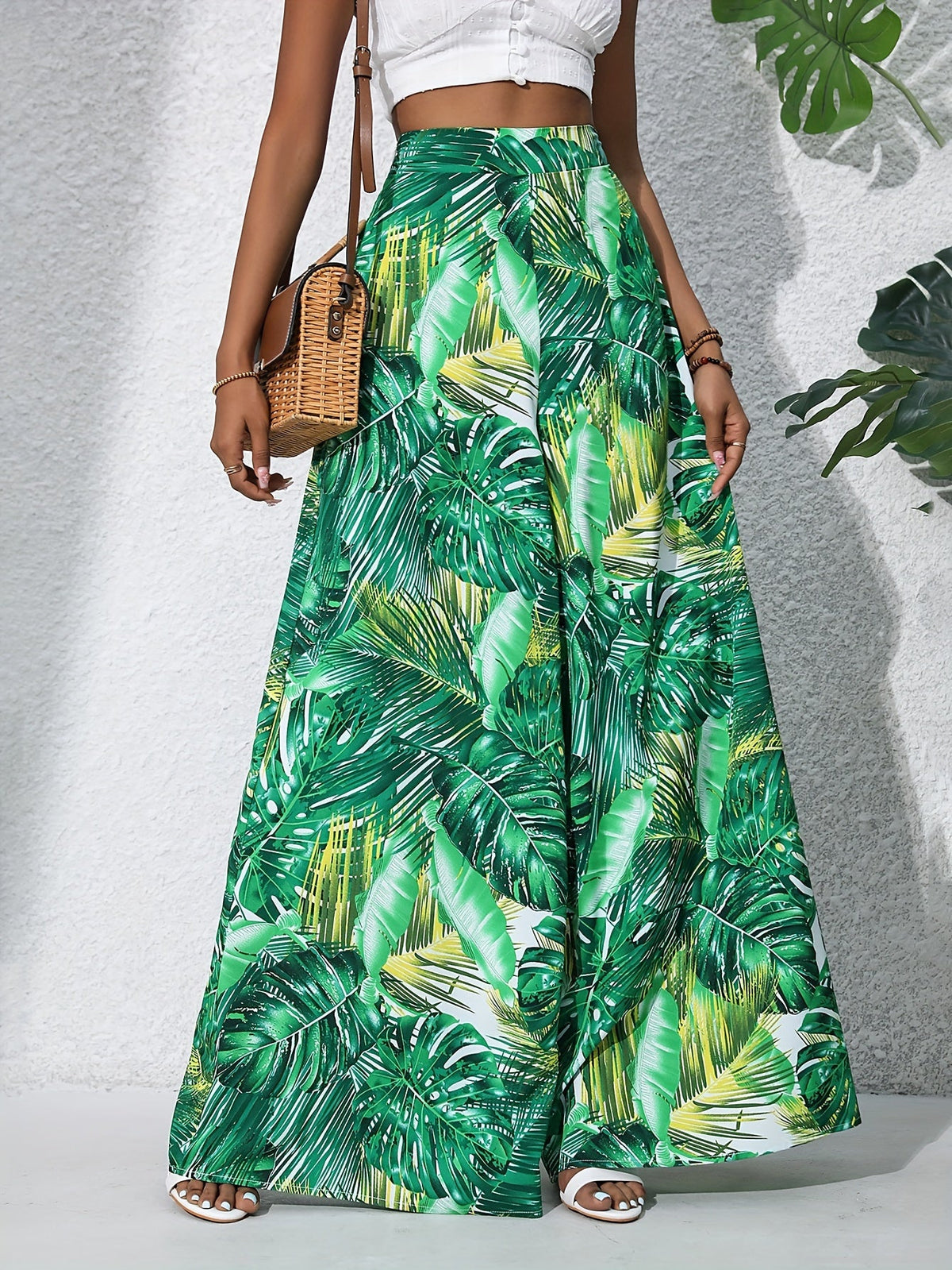 Pantalon large en coton imprimé floral bohème pour femmes - Taille haute, ceinture élastique, pantalon long de plage pour vacances d'été, style décontracté élégant
