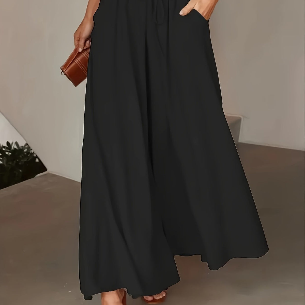 Pantalon Femme Jambe Large - Couleur Unie Élégante, Tissu Polyester Lisse Tissé - Décontracté Chic Toutes Saisons | Taille Micro-Élastique | Coupe Longue et Ample