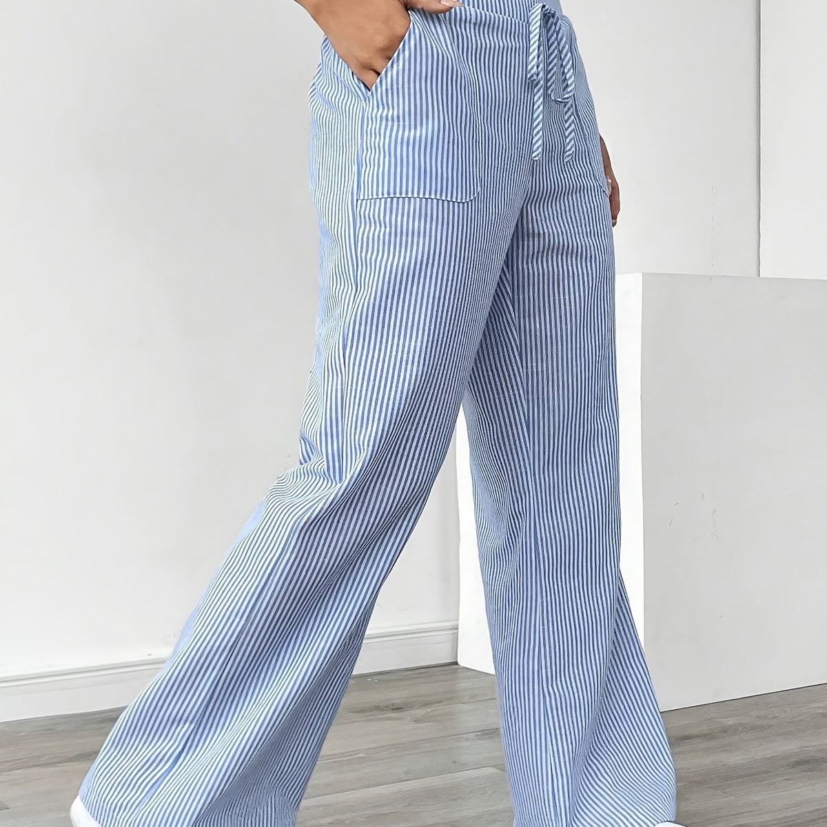 Pantalon Jambe Large à Poches Latérales, Imprimé Rayé Décontracté Taille Cordon, Printemps &amp; Été, Vêtements pour Femmes