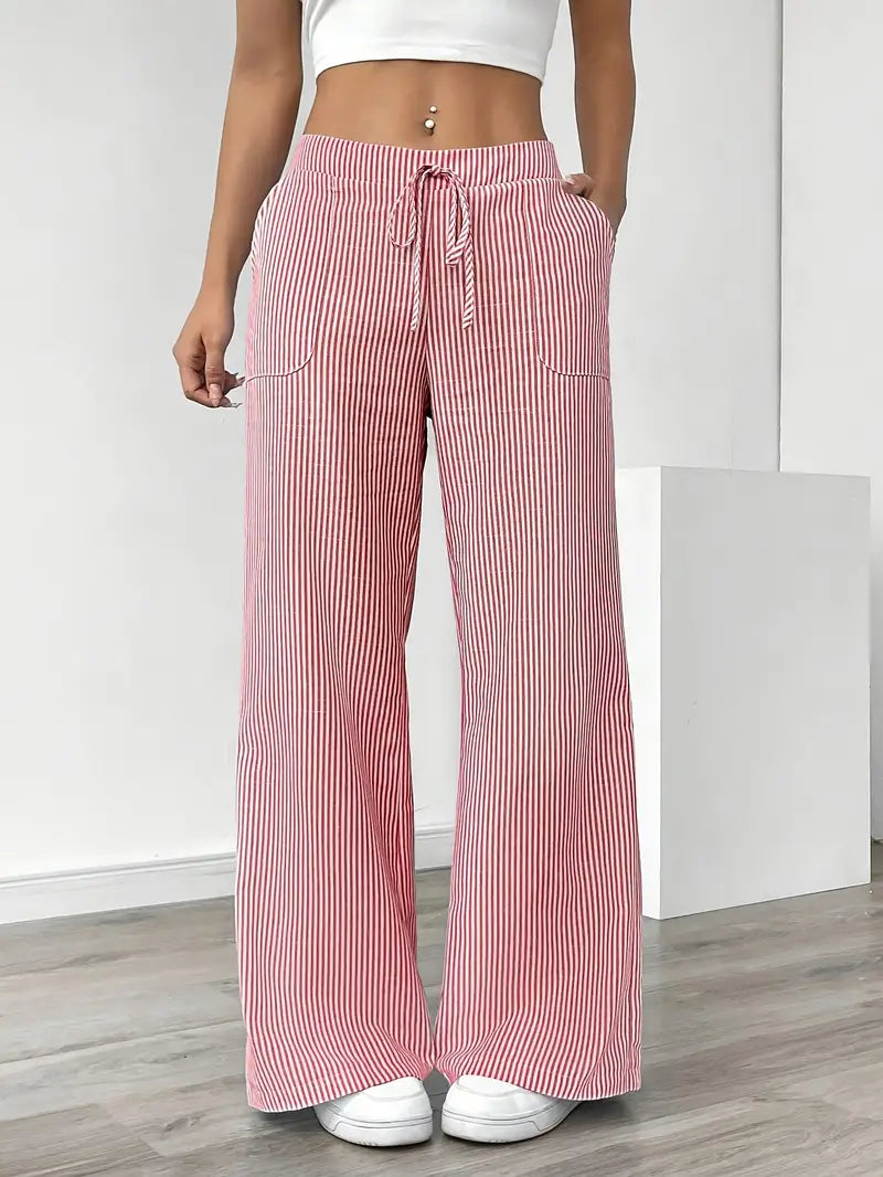 Pantalon large décontracté à rayures pour femme, élégant et décontracté – Pantalon d'été léger et respirant avec poches