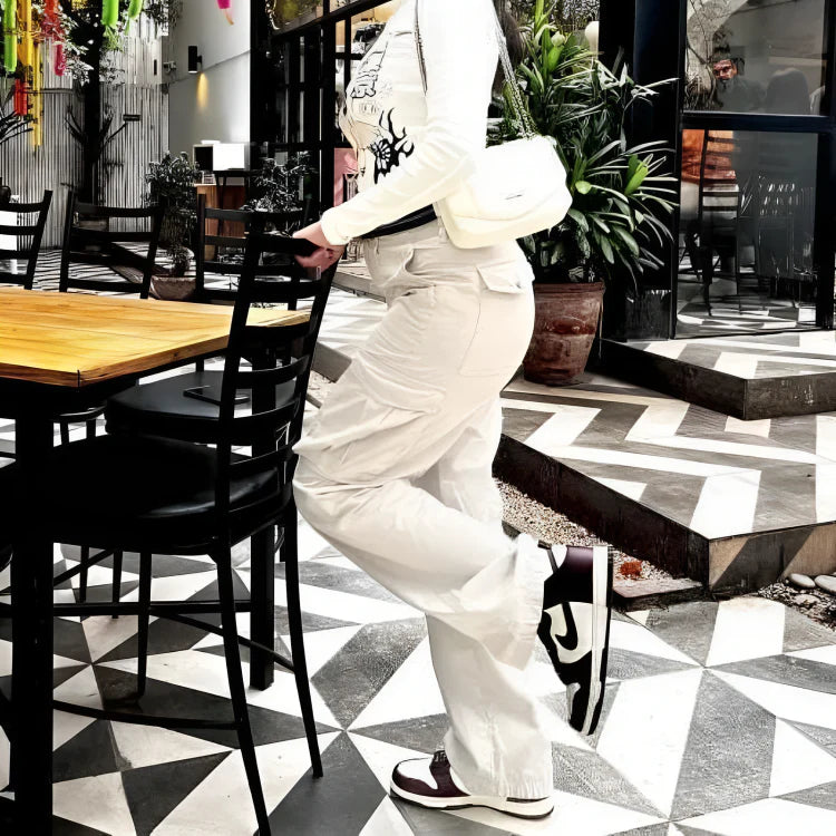 Pantalon cargo femme premium tendance stylé à jambes larges ajustables – Pantalon utilitaire taille haute coupe confortable