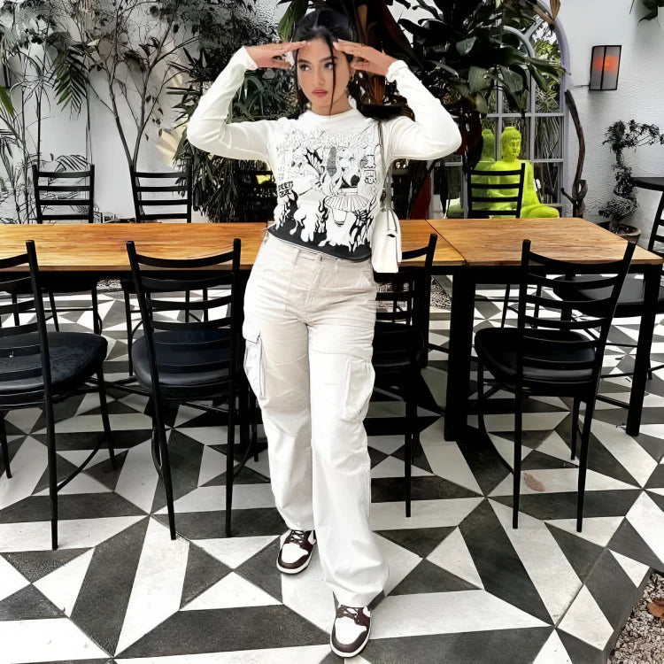 Pantalon cargo femme premium tendance stylé à jambes larges ajustables – Pantalon utilitaire taille haute coupe confortable