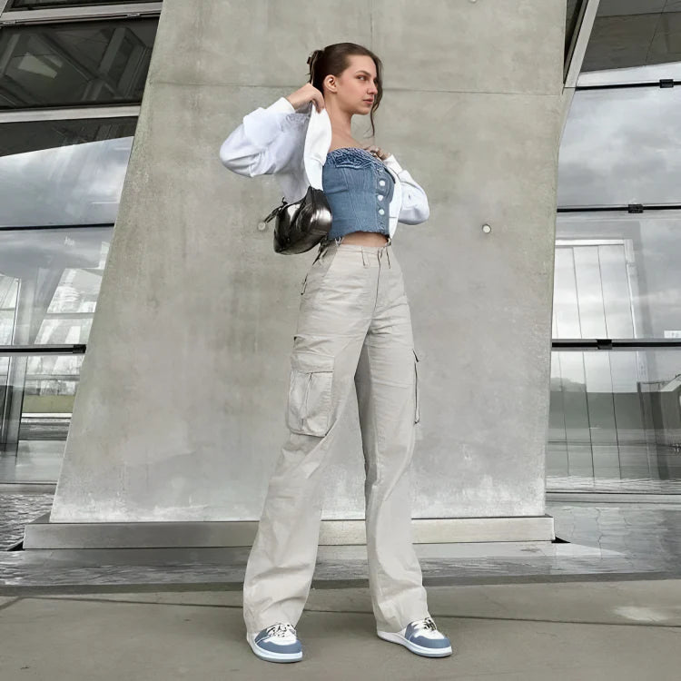 Pantalon cargo femme premium tendance stylé à jambes larges ajustables – Pantalon utilitaire taille haute coupe confortable