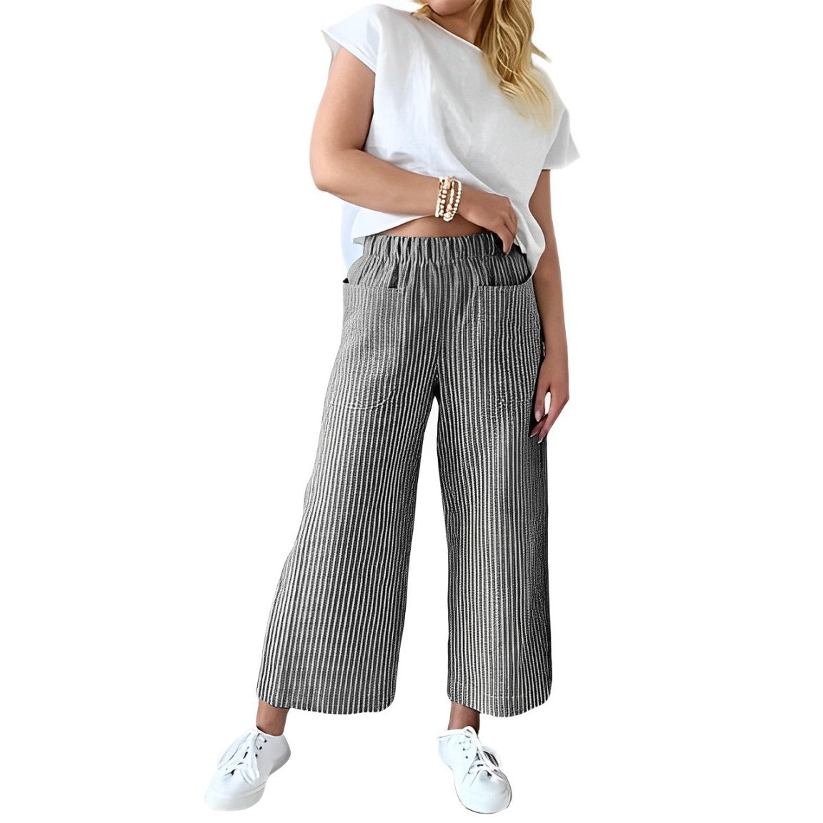 Pantalon en Coton Rayé Coupe Décontractée pour Femme – Pantalon Quotidien Décontracté